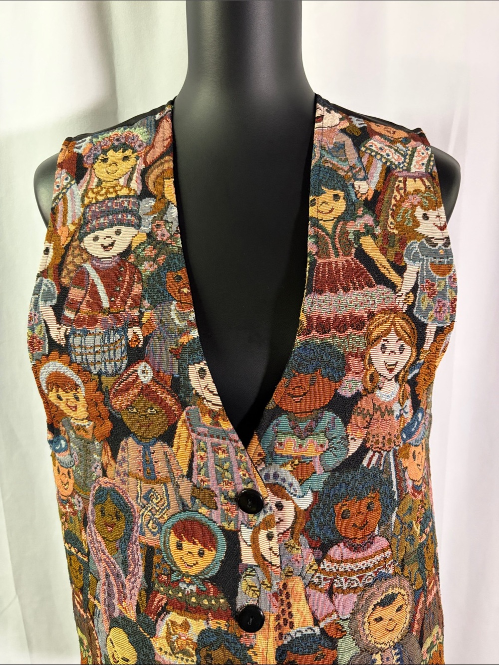 Vintage 90s Facets by Mirrors Children of the World Tapestry Print Vest - Picture 4 of 15